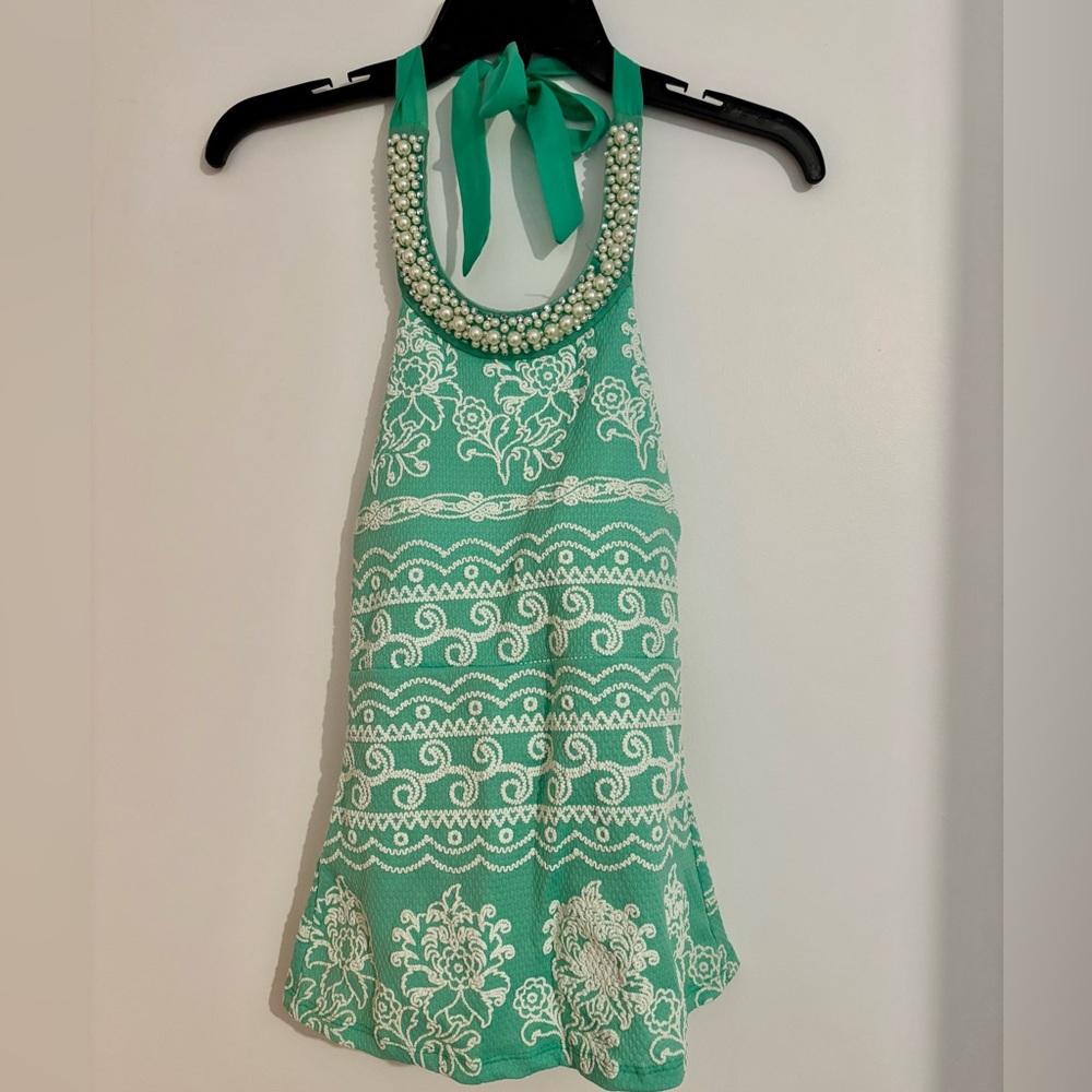 Embellished Green and White Tie Front Tank Top